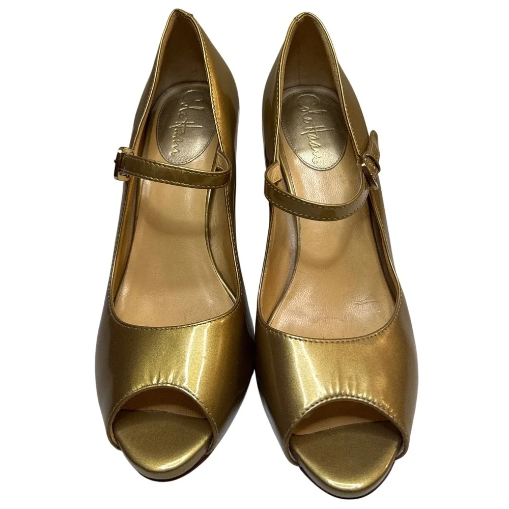 Cole Haan Peep Toe Mary Jane Heels Gold Metallic Patent Leather Buckle Shoes 6.5